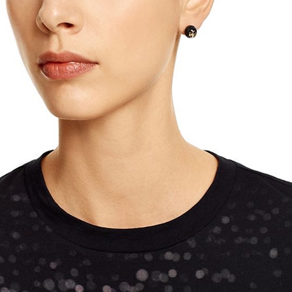 TORY BURCH T LOGO BLACK CRYSTAL PEARL STUD EARRING - Picture 5 of 8